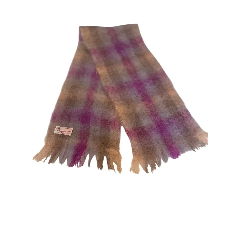 Vintage Cragie Creidhe Mohair Wool Plaid Scarf Purple Beige Woven‎ Scotland
